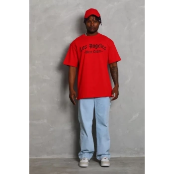 Unisex Oversize Baskılı Bisiklet Yaka Thirt  Kırmızı