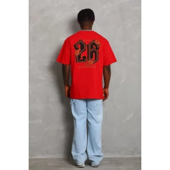 Unisex Oversize Baskılı Bisiklet Yaka Thirt  Kırmızı
