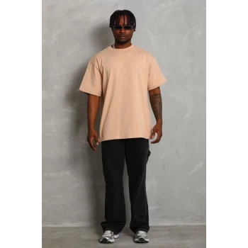 Unisex Oversize Düz Bisiklet Yaka Thirt  Bej