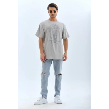 Unisex Oversize Taşlı Bisiklet Yaka Thirt  Gri