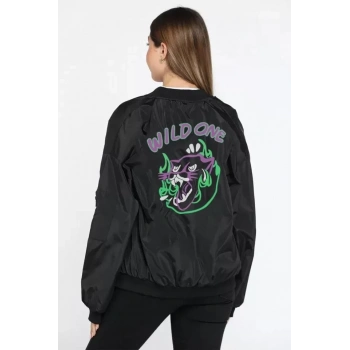 Unisex Uzun Kol Baskılı Bomber Ceket  iyah