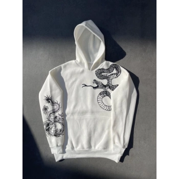 Uzun Kol Kapşonlu Baskılı weathirt  Beyaz