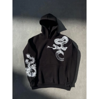 Uzun Kol Kapşonlu Baskılı weathirt  iyah