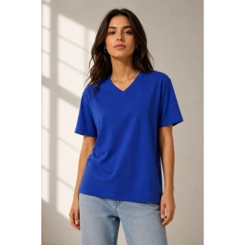 V Yaka Basic Tişört Kısa Kol Yazlık Regular Fit Thirt  aks avisi