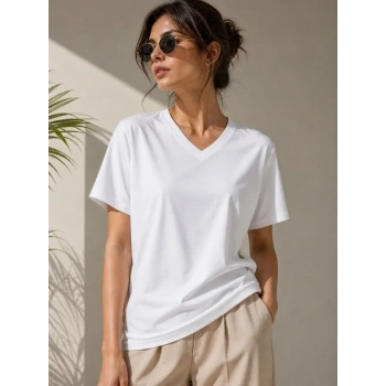 V Yaka Basic Tişört Kısa Kol Yazlık Regular Fit Thirt  Beyaz