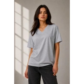 V Yaka Basic Tişört Kısa Kol Yazlık Regular Fit Thirt  Gri