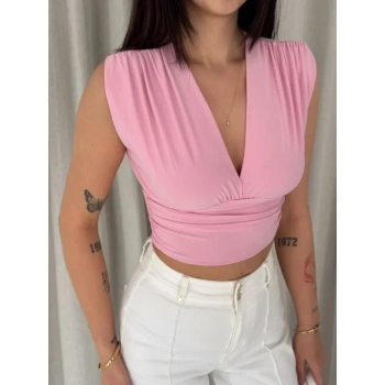 Vatkalı Kolsuz V Yaka Drapeli Crop Bluz ikralı Fit  Pembe