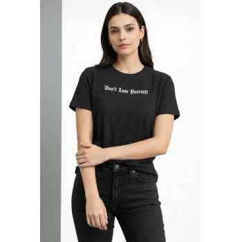 Wafıl Kumaş Tişört Regular Kalıp Bisiklet Yaka Baskılı Günlük Basic Thirt  iyah