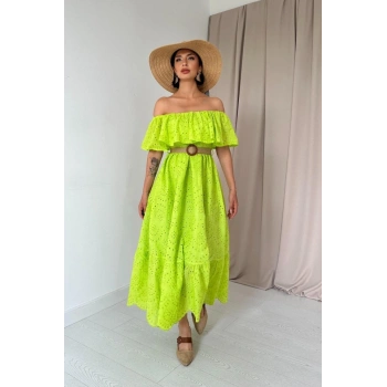 Yağ Yeşili Omzu Lastikli Brode Elbise