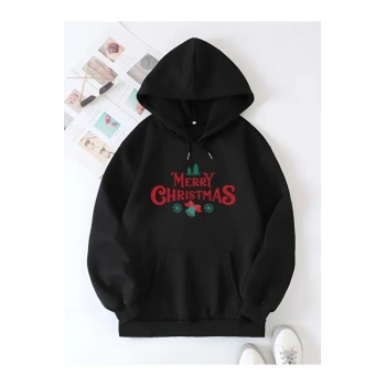 Yılbaşı erry Christmas Baskılı Oversize Kapüşonlu weatshirt Hoodie  iyah
