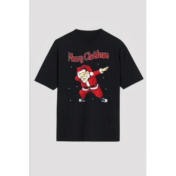 Yılbaşı erry Christmas Noel Baba Baskılı Oversize Bisiklet Yaka Tshirt  iyah