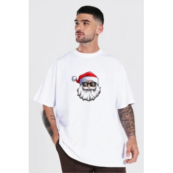 Yılbaşı Gözlüklü Noel Baba Baskılı Kısa Kollu Oversize Bisiklet Yaka Tshirt  Beyaz