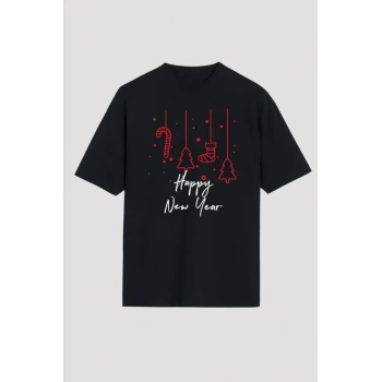 Yılbaşı Happy New Year Baskılı Kısa Kollu Oversize Bisiklet Yaka Tshirt  iyah