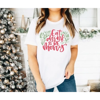 Yılbaşı Noel Baskılı Kısa Kollu Oversize Bisiklet Yaka Tshirt  Beyaz