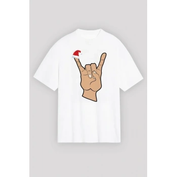 Yılbaşı Noel Başlıklı erçe Parmak Baskılı Oversize Bisiklet Yaka Tshirt  Beyaz
