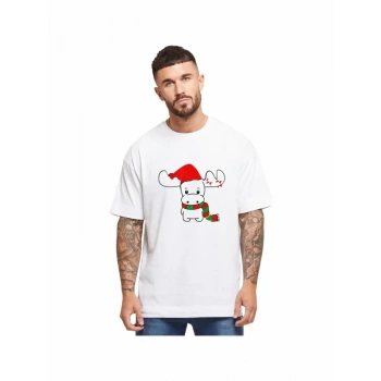 Yılbaşı Noel Ren Geyiği Baskılı Kısa Kollu Oversize Bisiklet Yaka Tshirt  Beyaz