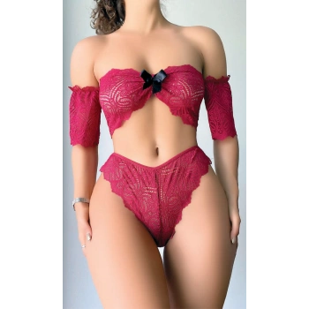 Secretsita Fiyonk Detaylı Kırmızı Dantel Sütyen Külot Takım