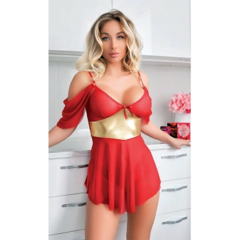 Secretsita Sarı Kuşak Detaylı Fantezi Kırmızı Gecelik