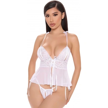 Secretsita Beyaz Özel Bölgesi Açık İp Detaylı Büstiyer Fantezi Takım