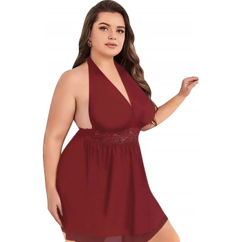Secretsita Büyük Beden Bordo Dantel İşlemeli Boyundan Bağlamalı Fantezi Tül Gecelik