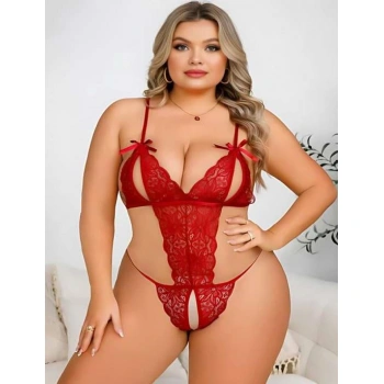 Secretsita Büyük Beden Kırmızı Dantel İşlemeli Dekolteli Fantezi Babydoll