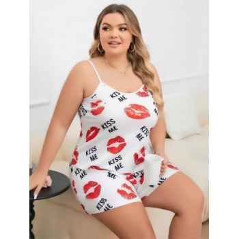 Secretsita Büyük Beden Kiss Me Öpücük Desen Pamuklu Şortlu Pijama Takımı