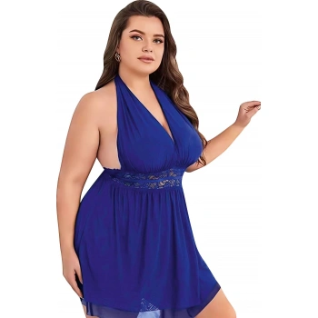 Secretsita Büyük Beden Mavi Dantel İşlemeli Boyundan Bağlamalı Fantezi Tül Gecelik