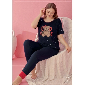 Secretsita Büyük Beden Pamuklu Love Bear Ayıcık Desenli Lacivert Kısa Kol Pijama Takımı