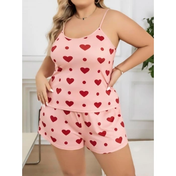 Secretsita Büyük Beden Pembe Kalp Desen Pamuklu Şortlu Pijama Takımı