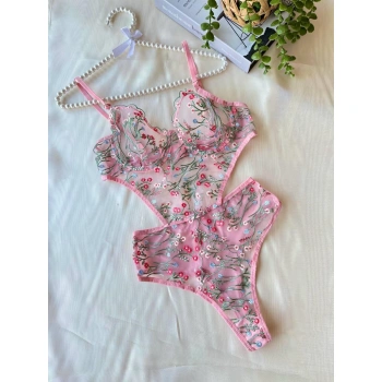 Secretsita Çiçek Dal Desenli Pembe Bodysuit