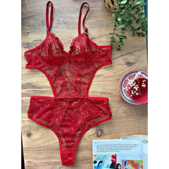 Secretsita Çiçek Desenli Kırmızı Bodysuit