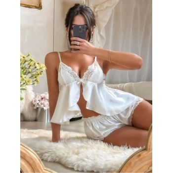 Secretsita Dantel İşlemeli İnce Askılı Beyaz Saten Şortlu Takım