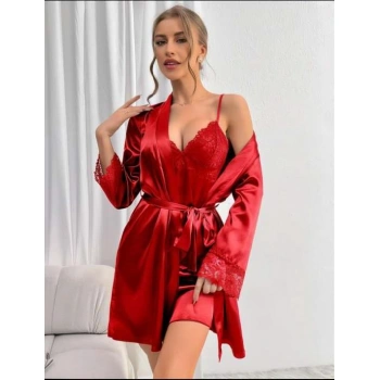 Secretsita Dantel İşlemeli İnce Askılı Kırmızı Saten 2li Gecelik Sabahlık Takımı