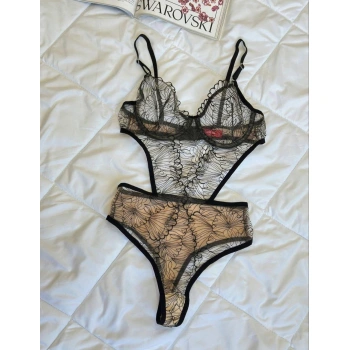 Secretsita Desenli Ten Siyah Bodysuit