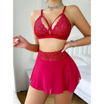 Secretsita Kırmızı Dantel İşlemeli Etekli Fantezi Sütyen Takımı