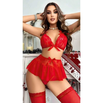 Secretsita Kırmızı Dantel İşlemeli Etekli Sütyen Fantezi Takım