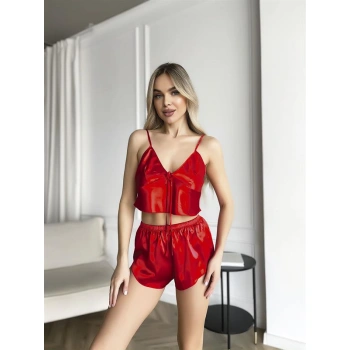 Secretsita Kırmızı İnce Askılı Saten Şortlu Takım