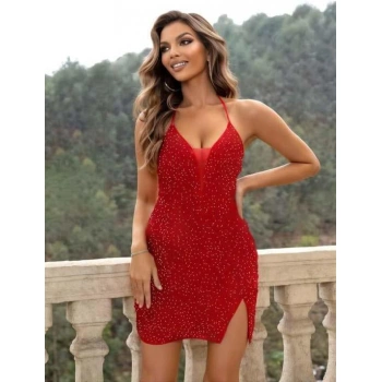 Secretsita Kırmızı Simli Boyundan Bağlamalı Göğüs Dekolteli Sırtı Açık Mini Club Elbisesi