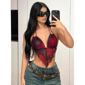 Secretsita Kırmızı Siyah Desenli İnce Askılı Üçgen Kesim Crop