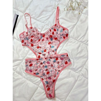 Secretsita Öpücük Desenli Pembe Bodysuit