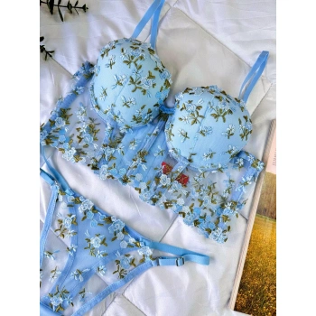 Secretsita Özel Tasarım Mavi Dantel İşlemeli Çiçek Desenli Destekli Bralet Takımı