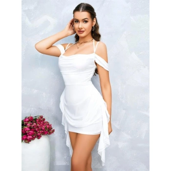Secretsita Özel Tasarım Omuz Detaylı Şık Beyaz Fantezi Mini Club Elbisesi