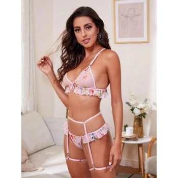 Secretsita Pembe Çiçek Desen Fırfırlı Fantezi Jartiyer Takım