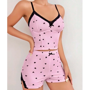 Secretsita Pembe Kalp Desenli Askılı Şortlu Pijama Takım