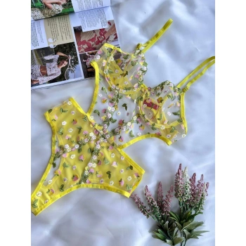 Secretsita Sarı Çiçek Desenli Bodysuit