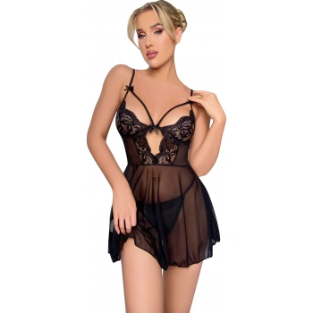 Secretsita Siyah Dantel İşlemeli Göğüs İp Detaylı Fantezi Tül Gecelik Takımı