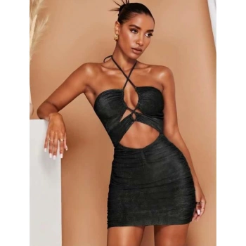 Secretsita Siyah Simli Boyundan Bağlamalı Göğüs Dekolteli Mini Club Elbisesi