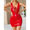 Secretsita Kırmızı Arkası İp Dekolteli Mini Fantezi Parlak Deri Elbise