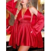 Secretsita Özel Tasarım Boyundan Bağlamalı Göğüs Dekolteli Sabahlıklı 2li Kırmızı Saten Gecelik Takımı