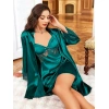 Secretsita Özel Tasarım Dantel İşlemeli Sırt Dekolteli Sabahlıklı 2li Yeşil Saten Gecelik Takımı